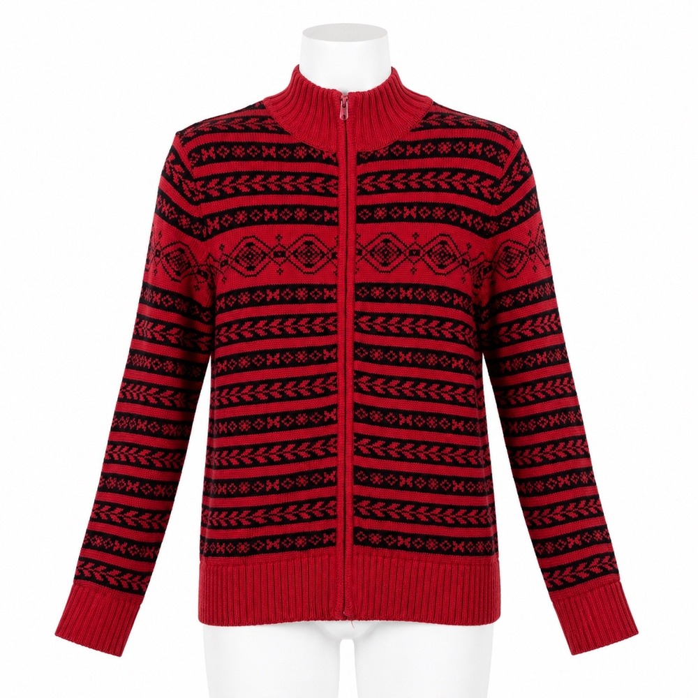 Jones New York Country Zip Up Sweater Large Red Black Fair Isle Mock Neck Cotton